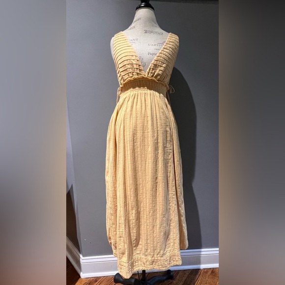 Vintage 90s Free People Yellow Ankle Thick Cotton Sun Dress With Lace Up Sides S - Picture 1 of 13